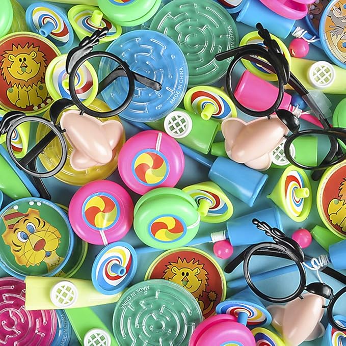 Party Favor Toy Assortment Pack of 64 Pc, Includes a Wide Range of Mid-size and Small Toys, Small Prizes, for Party Favor Bags, School Classrooms, and Carnivals,