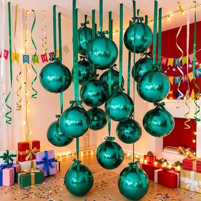 20 Pcs VBS 2026 Metallic Green Foil Balloons Giant 22 Inch 4d Round Metallic Green Balloons with Emerald Ribbon for Birthday Baby Shower Anniversary Tea Party Decorations