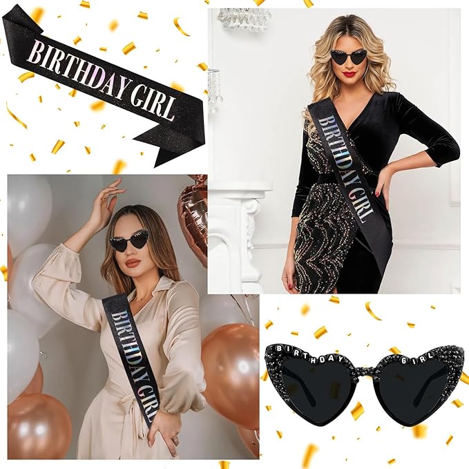 Birthday Girl Sash for Women & Birthday Glasses, Black Birthday Sash for Girls Happy Birthday Sash for Women Girls with Birth day Sunglasses for Woman and Girl