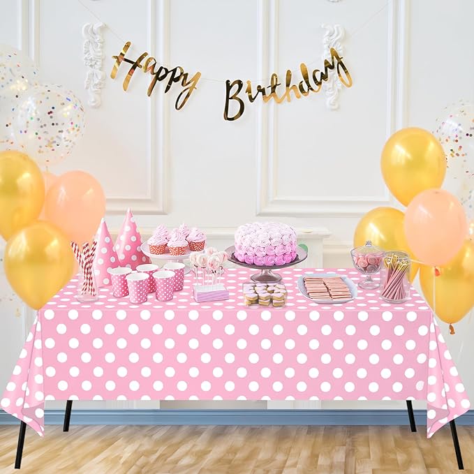 WNINK 4 Pack Light Pink and White Polka Dot Tablecloths, Pink Disposable Plastic Table Cover for Birthday, Wedding, Bachelor, Pink Girl Party, and Picnic Camping Parties 54" x 108"