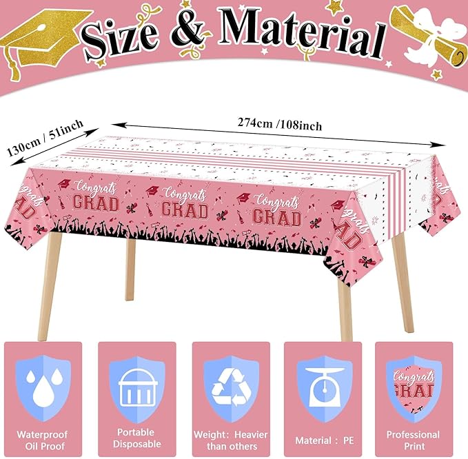 chiazllta Set of 3 Graduation Tablecloths Class of 2026 Congrats Grad Pink Graduation Party Tablecover Decorations Party Supplies Large Size Plastic 54"x108"(Pink & Gold)