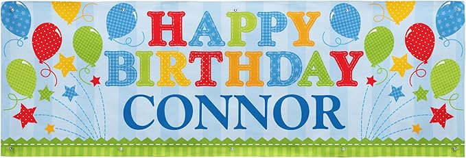 Let's Make Memories Personalized blue Happy Birthday Banner for Kids - Custom Birthday Party Decorations - Indoor/Outdoor Vinyl - Any Name - Balloons and Stars - 10ft