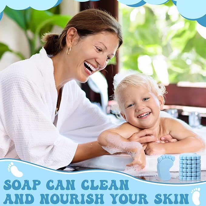 50 Sets Baby Shower Soap Favors for Guests Boy Girl Mini Handmade Scented Soaps with Thank You Tags and Organza Bags for Gender Reveal Baptism Shower Wedding Party(Blue)