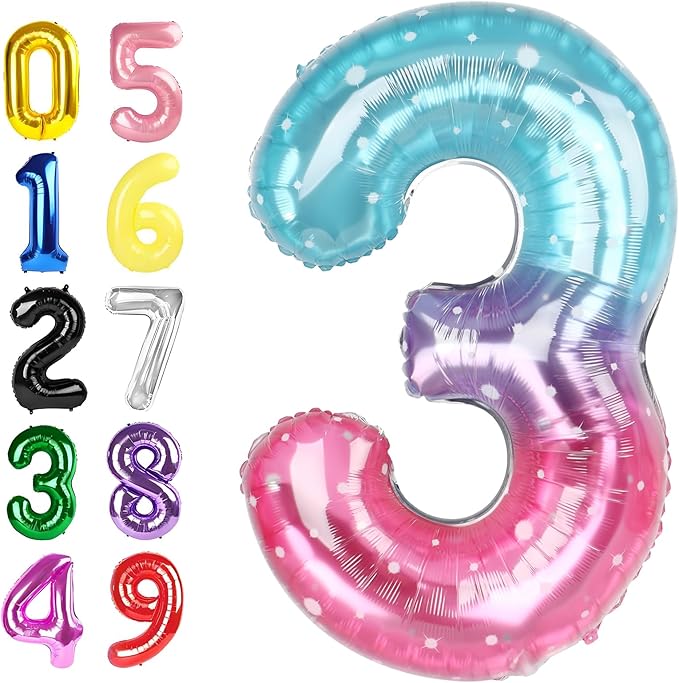 3 Birthday Balloon, 40 Inch 3 Year Old Balloon for Birthday Party Decoration, Pink Blue Purple Number 3 Ballon for 3, 13, 23, 30 Celebration, Boy and Girl Birthdays, Wedding, Anniversary Decor
