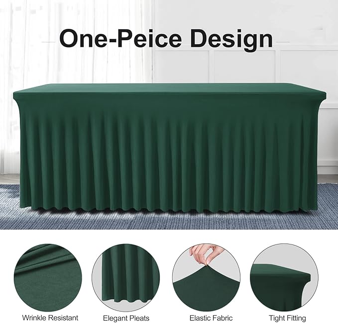 Table Skirts for Rectangle Tables 8ft - One-Piece Hunter Green Tablecloths and Skirt, Wrinkle Resistant Ruffles Elastic Cover for Banquets, Weddings, Events, Parties