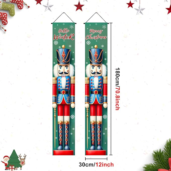 Nutcracker Christmas Porch Banners 12×71 Inch Hello Winter Merry Christmas Door Decorations Red Blue Nutcracker Soldier Banner for Front Door Wall Outdoor Holiday Seasonal Décor