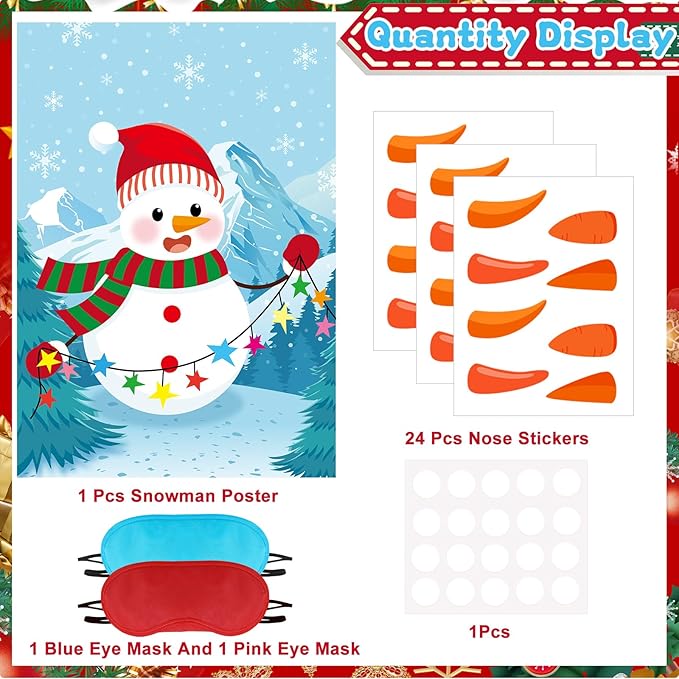 AUGSUN Pin The Nose On The Snowman, Christmas Snowman Games Large Snowman Poster with Carrot Nose and Blindfold Christmas Activities for Families Adult Kids Xmas Gifts Winter Holiday Party Supplies