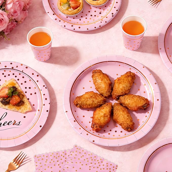 OuMuaMua Disposable Pink Paper Plates Party Supplies for 24 Guests, 168 Pcs Party Plates, Cups and Napkins with Utensils Set for Girls Birthday Baby Shower Princess Party Decor