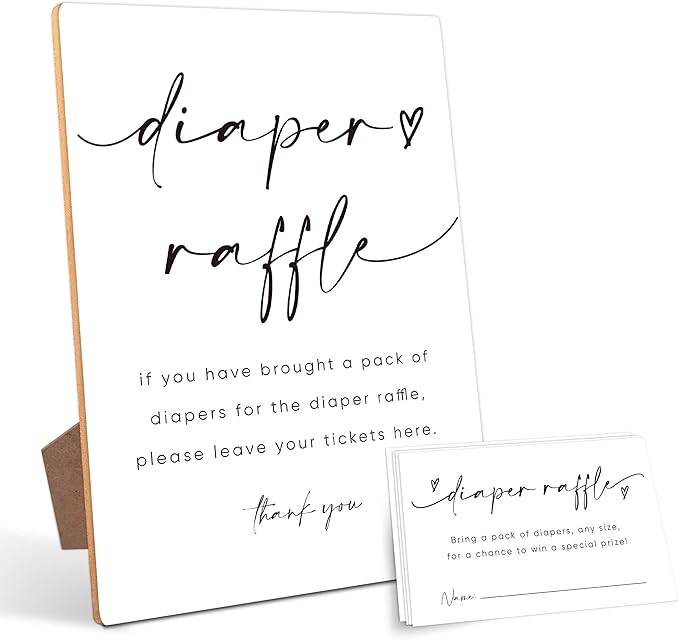 Baby Shower Diaper Raffle Game,Baby Shower Games,Baby Shower Decorations,Baby Shower Signs,Gender Reveal Decorations,1 Wooden Play Sign with Stand and 50 Diaper Raffle Tickets Set