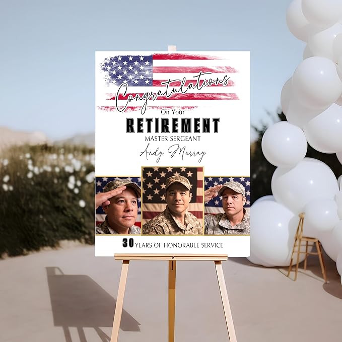 Personalized Patriotic Military Retirement Party Welcome Sign - Custom Army Retirement Celebration Welcome Poster - American Flag Theme Decor - Indoor/Outdoor Use - MultiSizes