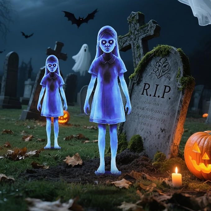 Scary Girl Ghost Courtyard Decoration for Halloween Outdoor, 2PCS Spooky Halloween Ghost Twins Yard Signs with Stakes, 16" Waterproof Iron Creepy Twins Lawn Signs Ground Stakes for Home Outside Decor