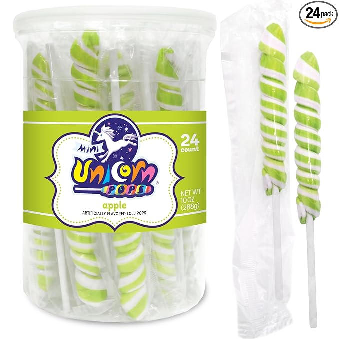 Adams & Brooks Bright Green Apple Mini Unicorn Pops, 10 oz Jar (24 ct.) - Twisty Unicorn Lollipops, Individually Wrapped Candy for Kids & Adults, Perfect for Birthday Party Favors, Goodie Bags, & More