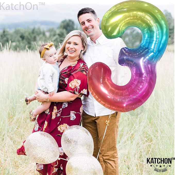 KatchOn, Giant Jelly Rainbow 3 Balloon Number - 40 Inch | Number 3 Balloon for 3rd Birthday Girl Decorations | 3rd Birthday Balloons | Rainbow Number Balloons for Anniversary Decorations