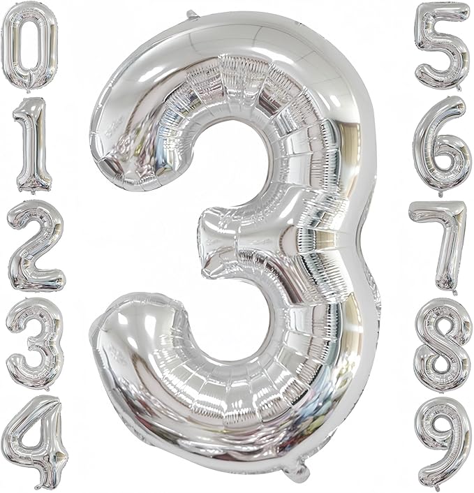 Silver 3 Balloon,40 Inch Number 3 Balloon,3 Birthday Balloon Decorations,Helium Silver 3 Balloon Number for Birthday Party Decorations