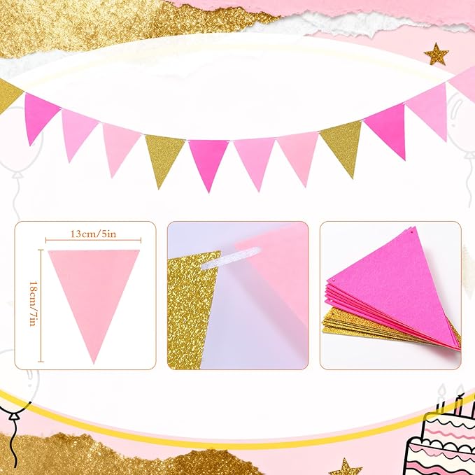 Irenare 4 Pieces Happy Birthday Banner Colorful Birthday Party Decor Rainbow Felt Garland Banner Party Decorations Supplies(Gradient Pink and Gold)