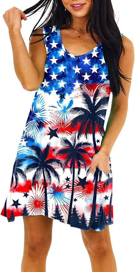 Deerose Women 4th of July Sleeeveless Dress Patriotic V Neck Tank Dresses with Pockets