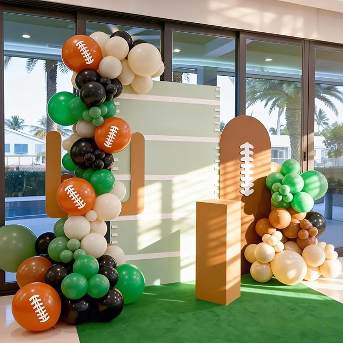 Football Balloons, 12 Inch Dark Green Black White Sand with Brown Printed Sports Latex Balloon for Kids Boys Game Football Sport Themed Birthday Party Decor Baby Shower Decorations Supplies