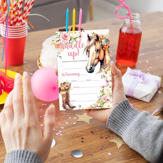 Floral Horse Birthday Party Invitation Cards for Women Girls Kids, Watercolor Cowgirl Birthday Celebration Party Invite Cards Supplies, 20 Double-Sided Fill In Invites With Envelopes -12