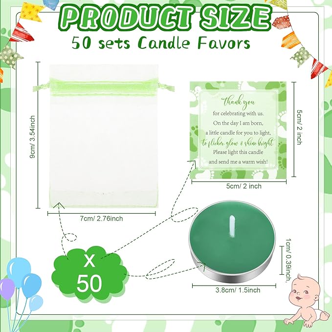 50 Sets Baby Shower Party Favors Including 50 Pcs Unscented Tealight Baby Shower Candles Gift Bags Cards for Gender Reveal Party Supplies(Green)