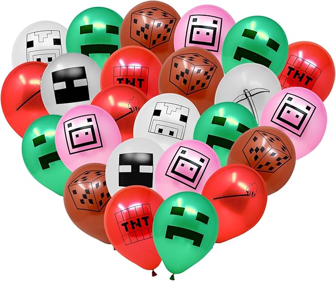 Mining Fun Banner and 48 Pcs Balloons - 10" Printed Latex Balloons, Mining Themed Party Supplies, Mining Party Decorations, Happy Birthday Banner, Pixel Miner Party and Video Game Party Decorations