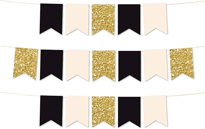 Andaz Press Hanging Pennant Banner with String, Black, Ivory, Faux Gold Glitter, 1-Set, 24 Pennants, Approx. 12-Feet Long