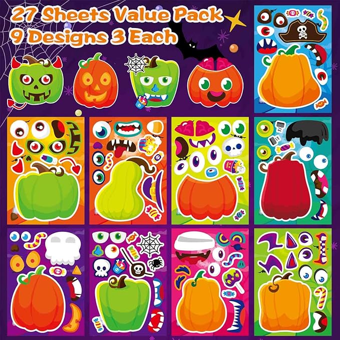 Halloween Stickers for Pumpkins 27 Sheets Make a Face Stickers Halloween Pumpkin Decorating Sticker Fall Autumn Pumpkins, Make Your Own Halloween Sticker for Halloween Party Crafts Games