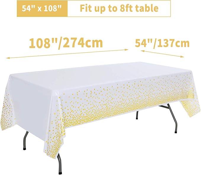 White and Gold Tablecloths for Party 4 Packs, 54X108 inch Gold Dot Confetti Disposable Rectangular Plastic Table Cover for Bridal Shower Engagement Wedding Birthday BBQ Party New Year Eve 2025
