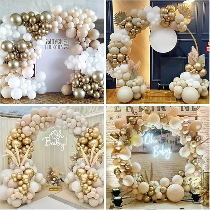 White Sand Gold Balloons Garland Arch Kit, 102 Packs White Nude Cream Balloons with Metallic Chrome Gold Confetti Latex Balloons for Boho Wedding Baby Bridal Shower Engagement Birthday Decorations