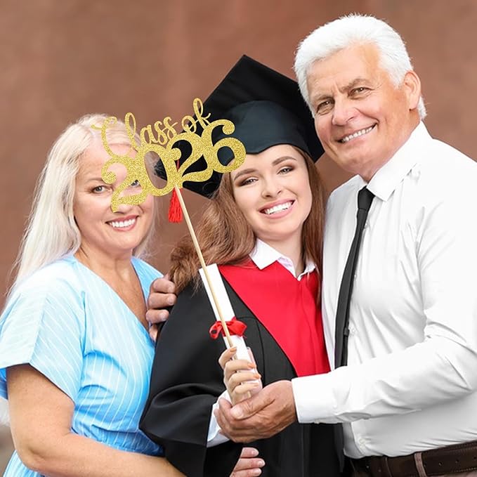 Graduation Decorations Class of 2026, 12 PCS Gold Double-Sided Graduation Centerpieces for Tables, Glitter Table Toppers, Grad Party Decorations