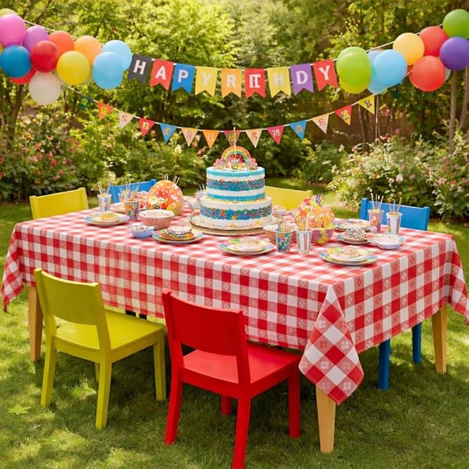Party Dimensions Red Gingham Disposable Plastic Tablecloths for Rectangle Tables, 54" x 108", 12-Pack, Plastic Table Covers for Parties, Picnics, Events, Indoor & Outdoor Use