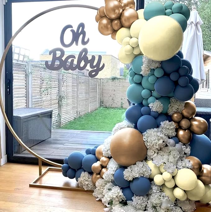Dusty Blue Yellow Gold Balloon Garland Arch Kit, 160Pcs Boho Retro Blue Pastel Blue Macaroon Yellow Metallic Gold Balloons for Baby Shower Birthday Wedding Party Decoration