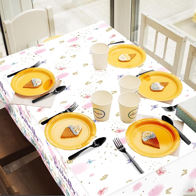 OBUSATT 3Pcs Butterfly Baby Shower Tablecloth Supplies - A Little Butterfly is On The Way Baby Girl Party Disposable Plastic Table Cover Pink Floral Princess Girl Party Decoration