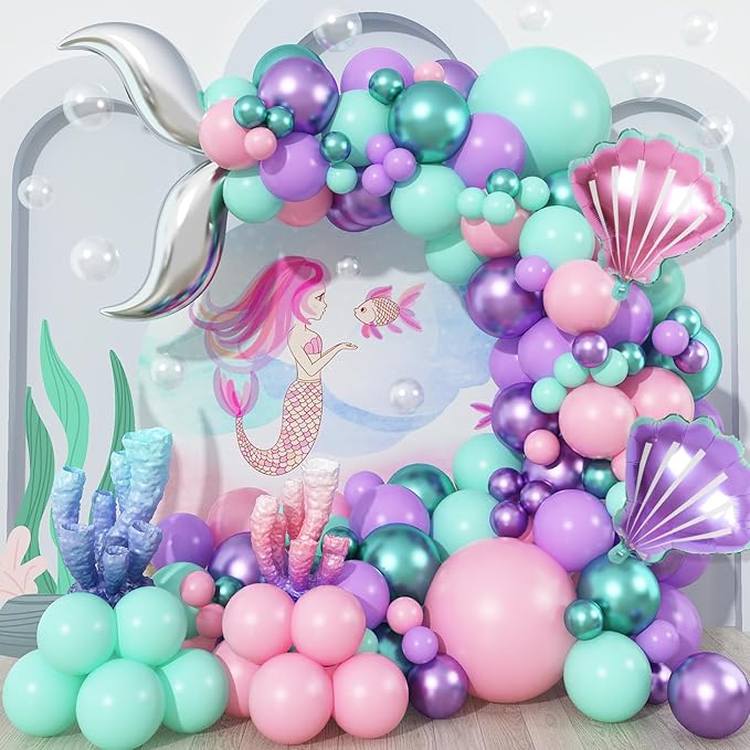 Mermaid Balloon Garland Arch Kit, 106 Packs Metallic Purple Pink Green Blue Latex Balloons with Mermaid Tail Seashell Foil Balloons for Girls Birthday, Baby Shower Party Decorations