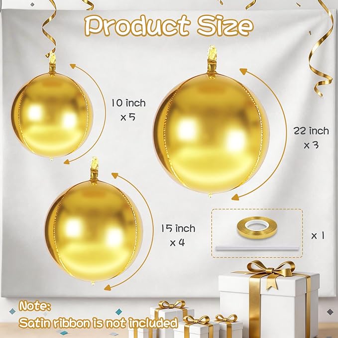Togvu Gold Round Foil Balloons, 12PCS Different Sizes 4D Metallic Balloon Large Golden Sphere Mirror Ball Balloons for Prom Graduation Christmas New Year Birthday Party Ceiling Decorations Supplies