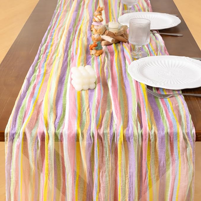 Socomi Easter Spring Table Runner Pastel Stripe Floral Cheesecloth Gauze 120 Inch Rustic Boho Cheese Cloth Runner for Wedding Party Baby Bridal Shower Decoration Holiday Home Decorations
