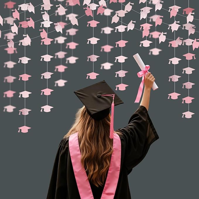Rose Gold Pink Graduation Garland Graduation Party Decorations Class of 2026 Grad Cap Garland Banner Streamers for Grad Party Hanging Decorations 39Feet