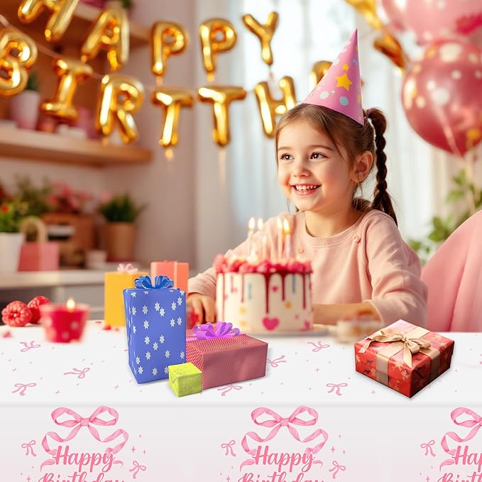 3 Pack Coquette Pink Bow Plastic Tablecloth, 54 X 108Inch Disposable Happy Birthday Table Cloth for Rectangle Tables Waterproof Table Cover for Girls Bridal Wedding Birthday Party