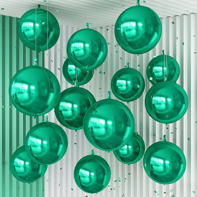 14 Pcs Green Round Foil Balloons 22/15/10 Hunter Emerald Forest Green Metallic 4D Ball Balloon Ornament Mylar Balloon Chrome Birthday Grad Wedding Anniversary Safair New Year Disco Party Decor