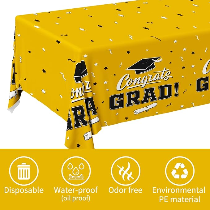 Gatherfun Graduation Party Decorations, Gongrats Grad Tablecover for Graduation Party Supplies, 3 pcs Yellow Table Cloths, 54"x108"
