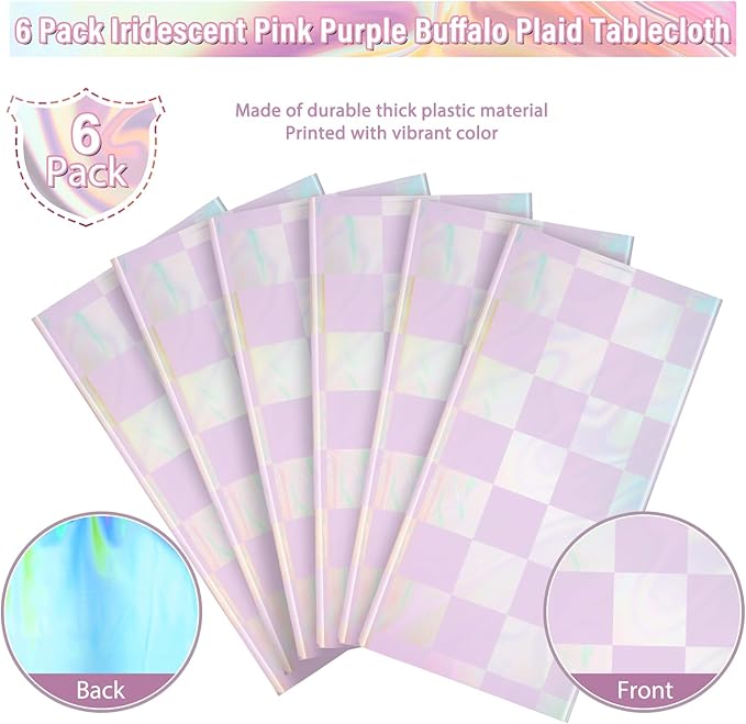 6Pack Iridescent Checkered and Purple Plastic Tablecloths Shiny Disposable Laser Rectangle Table Covers Holographic Foil Tablecloth Iridescent Party Decorations Birthday Bridal Baby Shower, 54x108Inch
