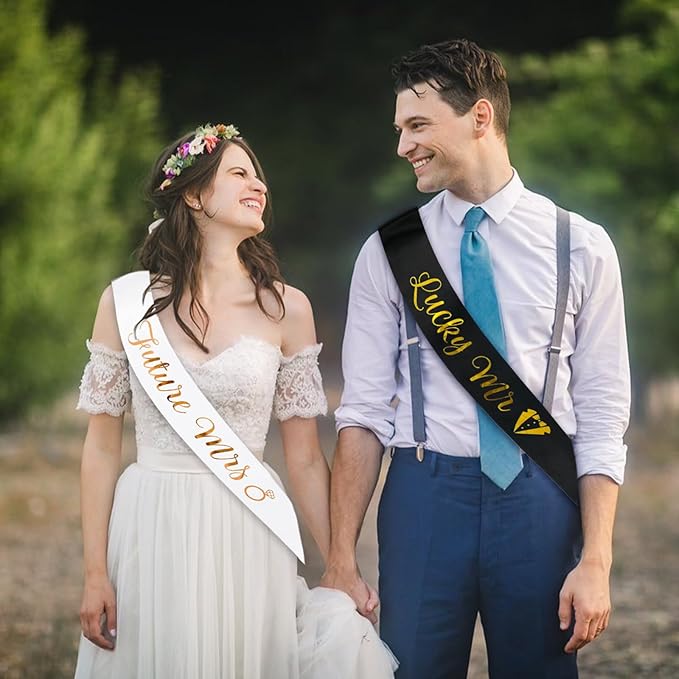 Future Mrs & Lucky Mr - Bride to Be & Groom to Be Sash Kit, Gold Glitter Bachelorette & Bachelor Sash for Wedding Bridal Shower Party Decorations Engagement Gifts (White and Black)