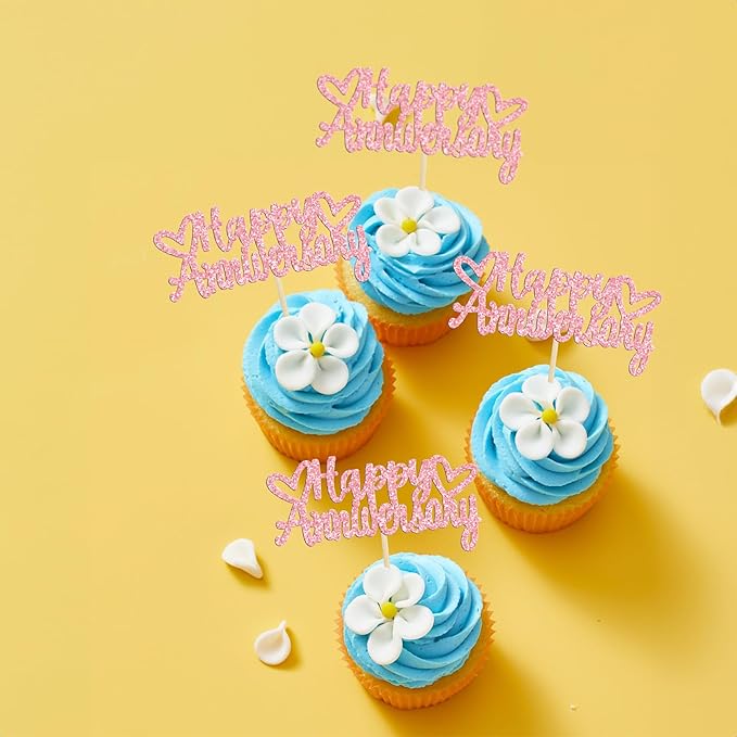 Gyufise 24Pcs Glitter Happy Anniversary Cupcake Toppers Anniversary Party Supplies Cake Decoration Wedding Celebration Party Decoration Supplies Pink