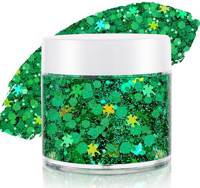 Green Face Hair Glitter,St Patricks Day Holographic Shamrock Green Body Glitter,Rave Music Festival Accessories,St Patrick's Day Outfit for Women,Halloween Cosplay Shimmer Makeup