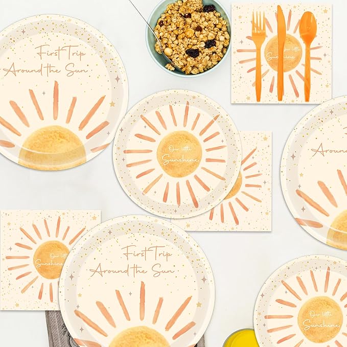 168Pcs Boho First Trip Around The Sun Birthday Decorations- Boho Party Set with Bohemian Hippie Sunshine Theme Party Tableware Decorations Including Plates,Cups,Napkins,Baby Shower Party for 24 Guests