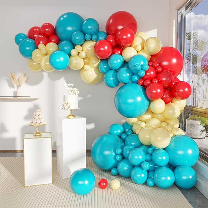 Teal Balloons Garland Arch Kit, 156Pcs Turquoise Blue Macaron Yellow Red Latex Balloon Different Sizes 18 12 10 5 Inch for Birthday Baby Bridal Shower Wedding Party Backdrop Decorations