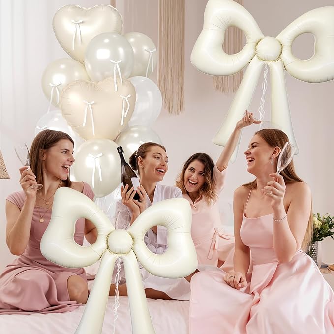 Cream Heart Balloons, 38 Inch Bow Balloons, Double Stuffed Pearl White Balloon with Bow Ribbons for Neutral Birthday Anniversary Wedding Bridal Baby Shower Valentines Day Decorations