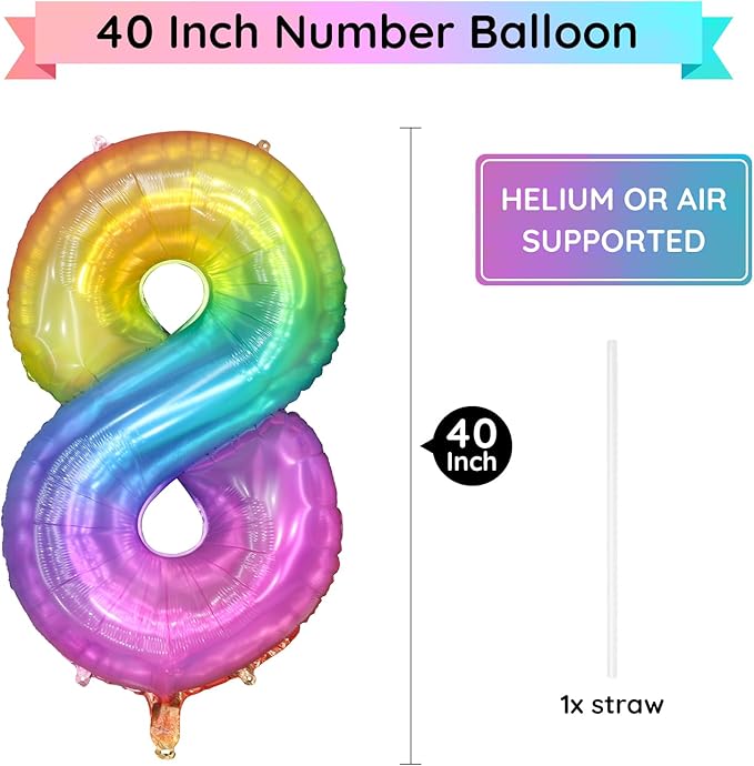 Rainbow Number 8 Balloon, 40 Inch Large Number Foil Mylar Balloons for 8th Girl Boy Birthday Party Celebration Decorations Supplies, Digital Balloons for Wedding Anniversary Events Decora