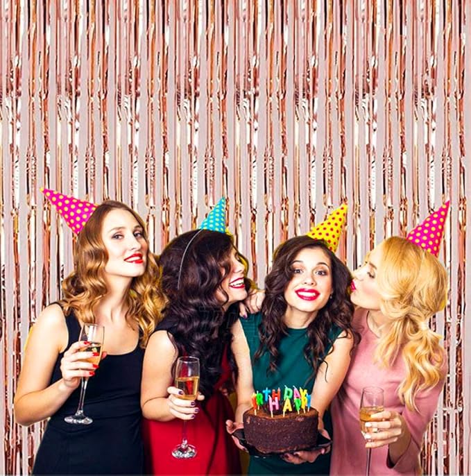 2 Pcs 3.2ft x 8.2ft Shiny Rose Gold Metallic Tinsel Foil Fringe Curtains Photo Booth Backdrop for Birthday Wedding Holiday Celebration Bachelorette Party Decorations