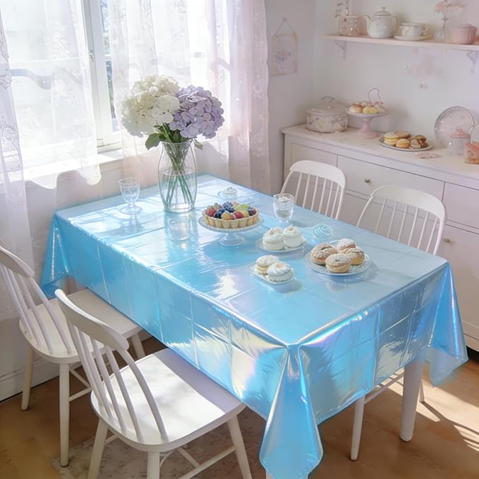 3-Pack Blue Iridescent Tablecloths, Holographic Glittering Foil Disposable Tablecloths, 54 Inches x 108 Inches, Suitable for Birthday, Wedding, and Holiday Party Decorations