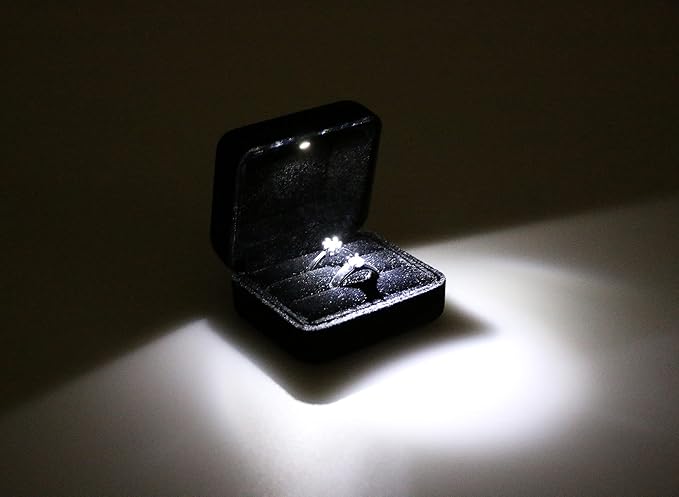 Velvet Metal Glossy Double Slot with LED Jewelry Gift Box for Proposal, Engagement, Wedding - Easy to fit into Your Pocket or Handbag - Black